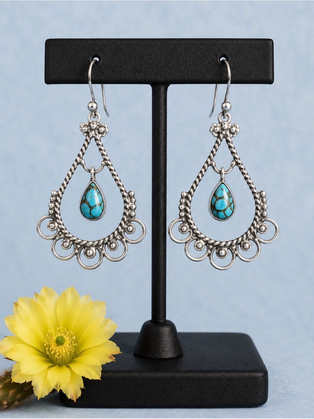 Earrings Genuine Turquoise Teardrop Silver Filigree Dangle